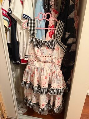 Lolita Kawaii Black & White Gingham Trim Pink Heart-Print Tiered Midi Dress